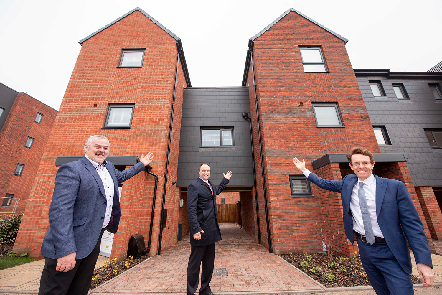 (L-R): City of Wolverhampton Council Leader, Cllr Ian Brookfield, Commercial Director - New Propositions at FDC, Sam Miller, and Mayor of the West Midlands and chair of the WMCA, Andy Street, at The Marches development.