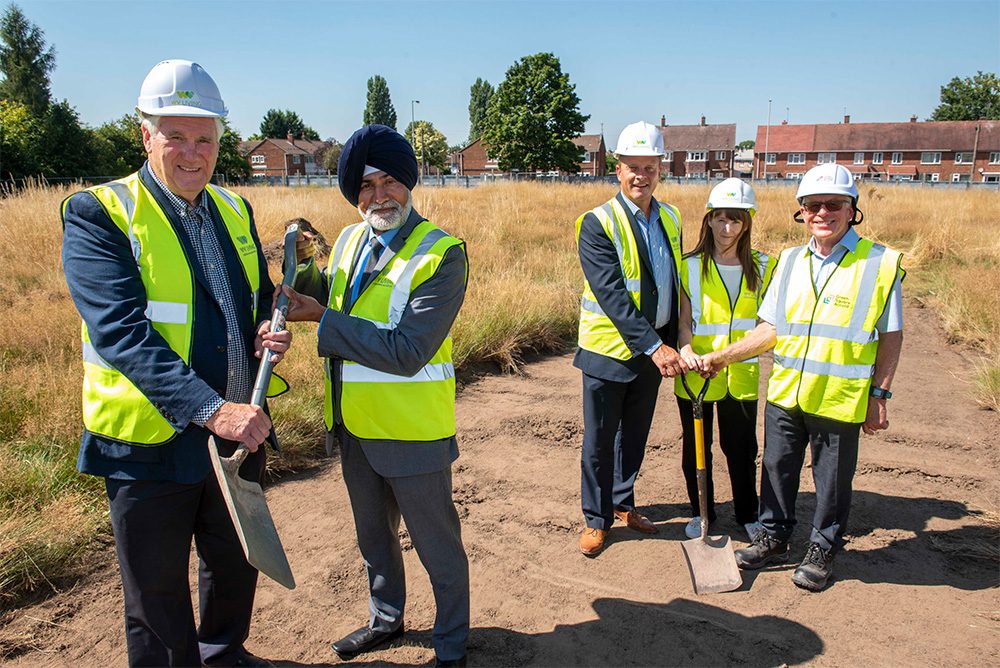 Sir Geoff Hampton, former headteacher at Northicote School and Councillor Bhupinder Gakhal, City of Wolverhampton Council Cabinet Member for City Assets and Housing, with Darren Baggs and Alison Shannon, Directors at WV Living and Pat Daly, Head of Technical at GreenSquareAccord.